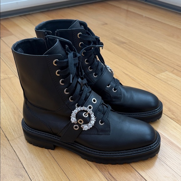 Jimmy Choo Black Combat Boots with Crystal Accent